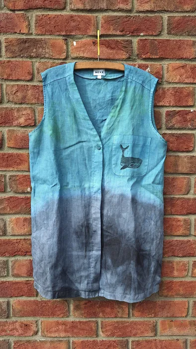 Bratr Martin — dip-dyed vest with a hand-printed whale